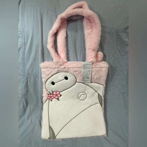 NEW Walt Disney Parks Baymax Big Hero 6 Cherry Blossom Fuzzy Plush Tote Bag - Picture 1 of 4